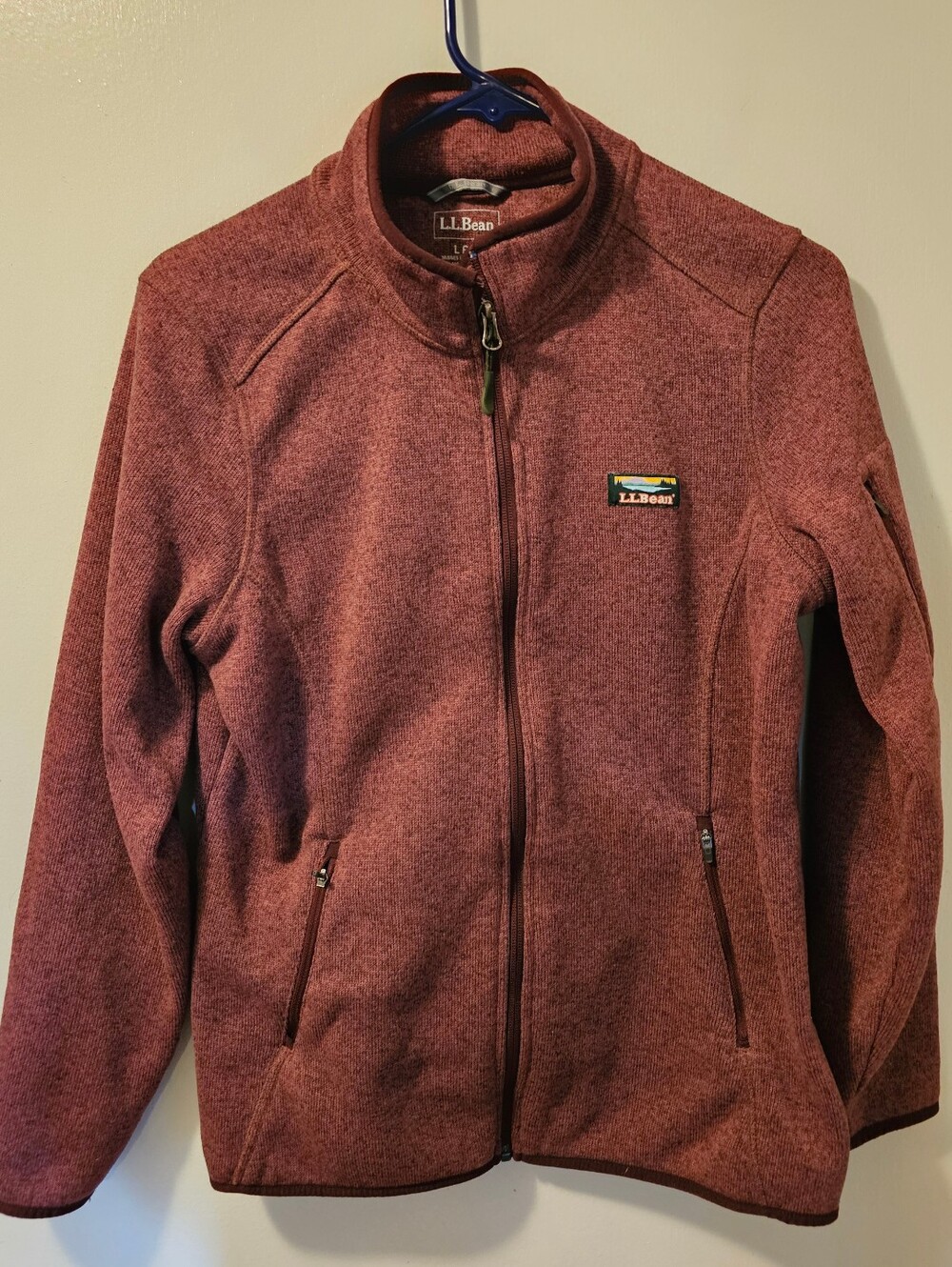 LL Bean Sweater Fleece Jacket Maroon Full Zip Mock Neck Misses Size L